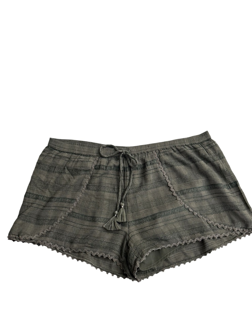 American Eagle Boho Festival Shorts Green Striped Lace Trim Tassel Drawstring L